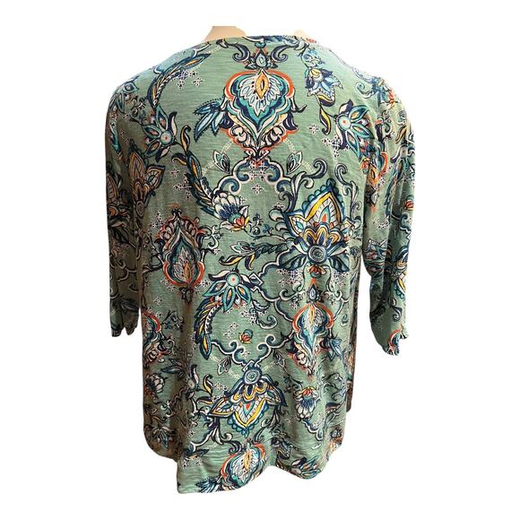 Chico’s Size 3 Green Floral Print Tunic Top Size 3 Loose Fit Stretch Blouse - Picture 3 of 7